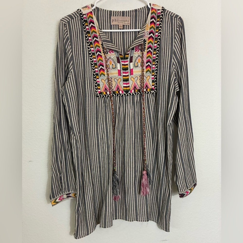 Philosophy Striped Tunic with Multicolor Embroidered Yoke